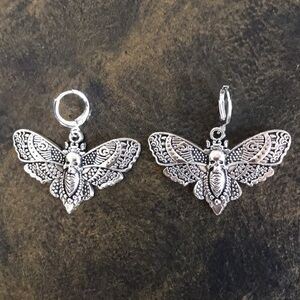 NWT gothic witchy whimsygoth moth with human skull dangle earrings in silvertone